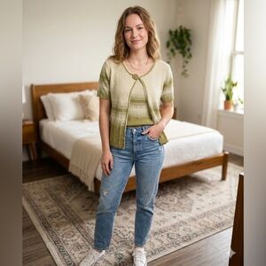 Weiyina Women’s Large Linen Knit Cardigan Sweater & Shell Top Set L Green Stripe